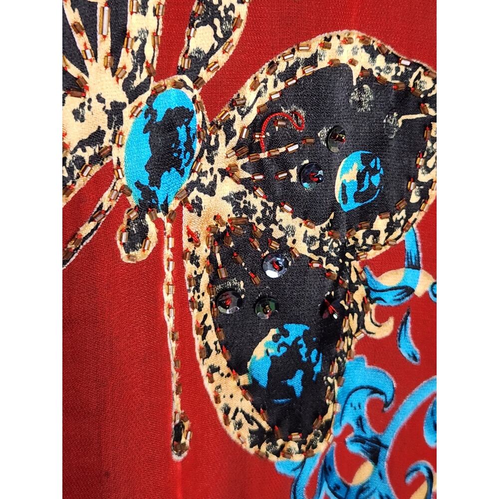 Aria A Vintage Beaded Tassels Silk Blend Floral Kimono Red Multicolor Gipsy Boho - Picture 5 of 9